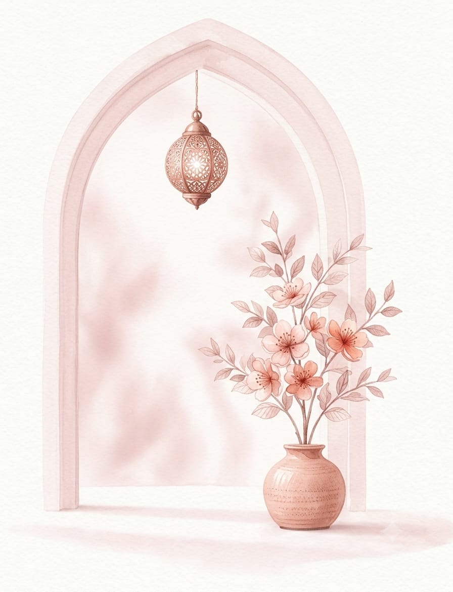 Arche rose avec une lanterne et un vase fleuri
